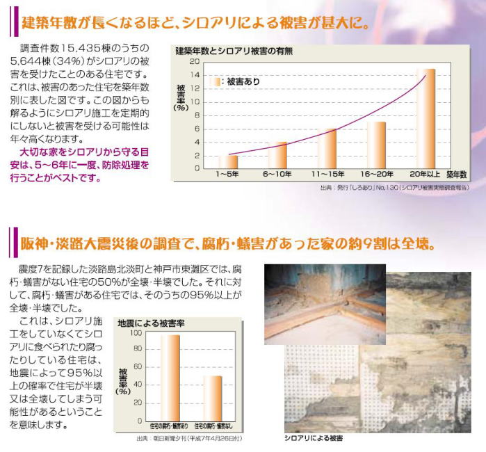 建築年数が長くなるほど、シロアリによる被害が甚大に｜阪神大震災後の調査で、腐朽、蟻害があった家の９割は全滅｜オプティガードＬＴ
